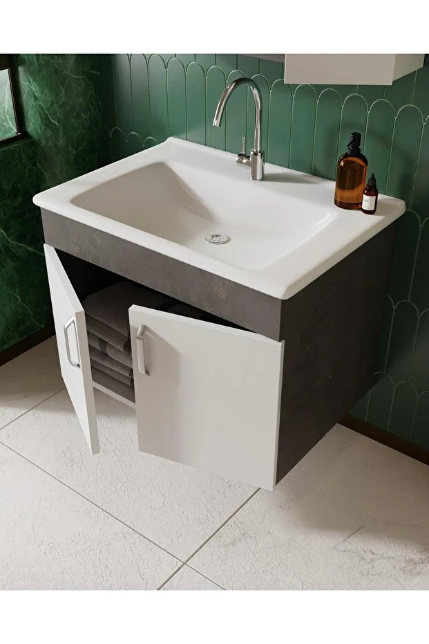 Gümüş 65 Cm Lavabolu Banyo Dolabı Retro Gümüş-beyaz Seramik Lavabo Dahil